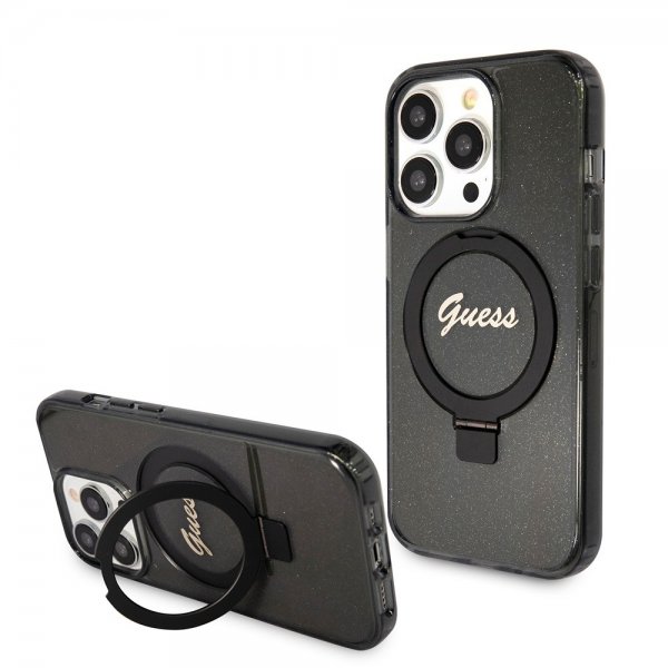Guess iPhone 15 Pro Kuori Sormusteline Glitter MagSafe Musta
