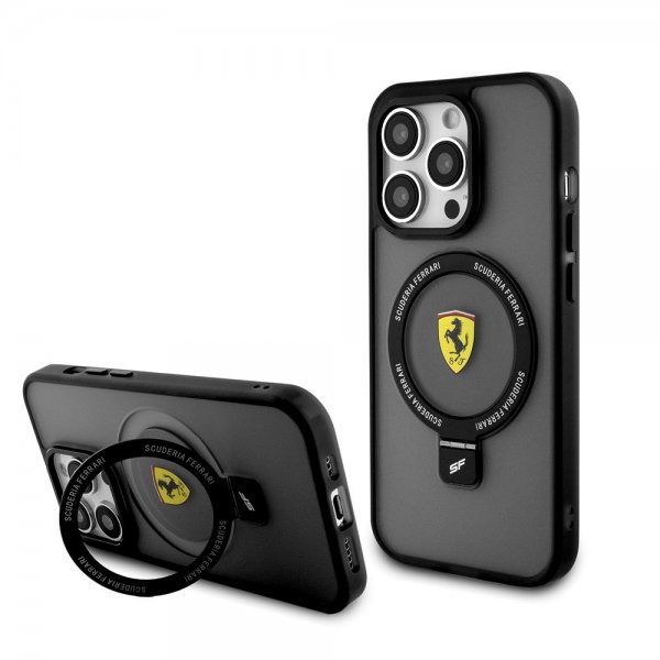 Ferrari iPhone 15 Pro -kuori rengasjalustalla, MagSafe, musta
