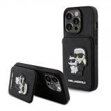 Karl Lagerfeld iPhone 15 Pro -suojakuori, Saffiano, korttipaikat ja teline, musta