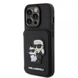 Karl Lagerfeld iPhone 15 Pro -suojakuori, Saffiano, korttipaikat ja teline, musta