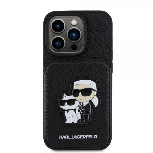 Karl Lagerfeld iPhone 15 Pro -suojakuori, Saffiano, korttipaikat ja teline, musta