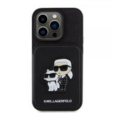 Karl Lagerfeld iPhone 15 Pro -suojakuori, Saffiano, korttipaikat ja teline, musta