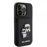 Karl Lagerfeld iPhone 15 Pro -suojakuori, Saffiano, korttipaikat ja teline, musta