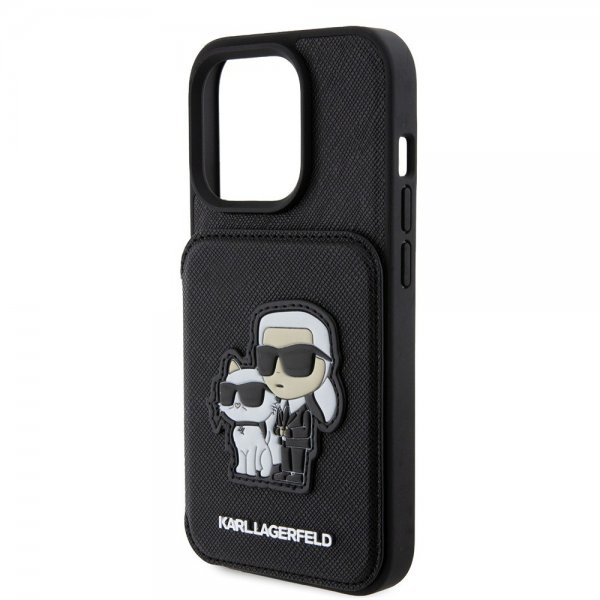Karl Lagerfeld iPhone 15 Pro -suojakuori, Saffiano, korttipaikat ja teline, musta
