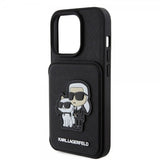 Karl Lagerfeld iPhone 15 Pro -suojakuori, Saffiano, korttipaikat ja teline, musta