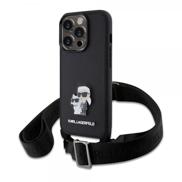Karl Lagerfeld iPhone 15 Pro -kuori Saffiano Karl & Choupette Crossbody musta