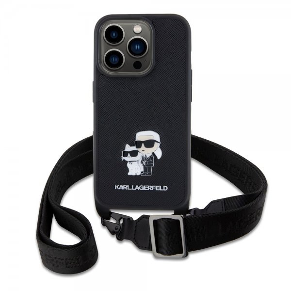 Karl Lagerfeld iPhone 15 Pro -kuori Saffiano Karl & Choupette Crossbody musta