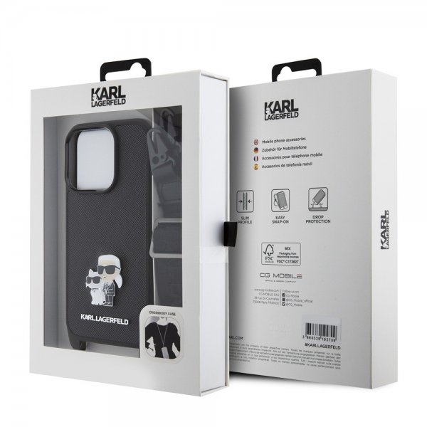 Karl Lagerfeld iPhone 15 Pro -kuori Saffiano Karl & Choupette Crossbody musta