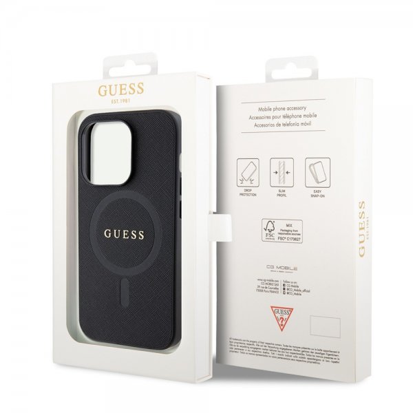 Guess iPhone 15 Pro Saffiano MagSafe -suojakuori, musta