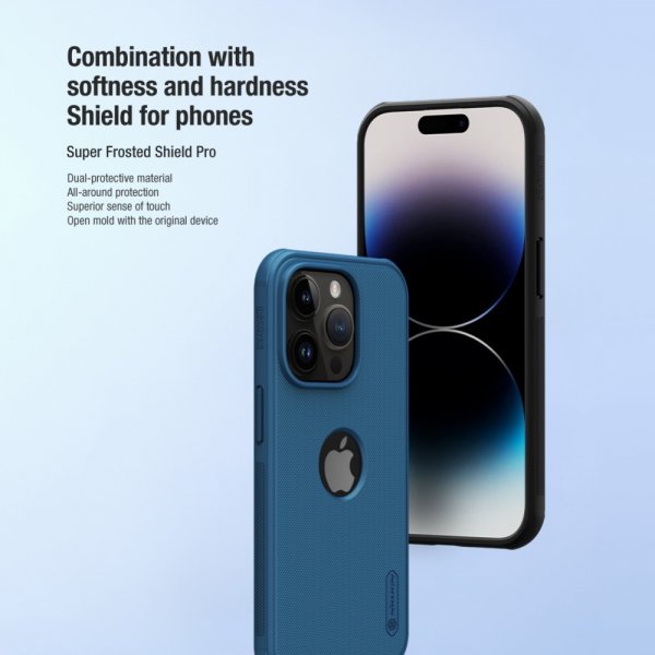 Nillkin iPhone 15 Pro Kuori Super Frosted Shield Pro Logoreikä Sininen