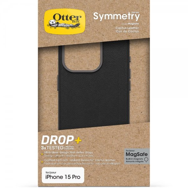 Otterbox iPhone 15 Pro -suojakuori Symmetry Cactus Leather MagSafe Noir Ash
