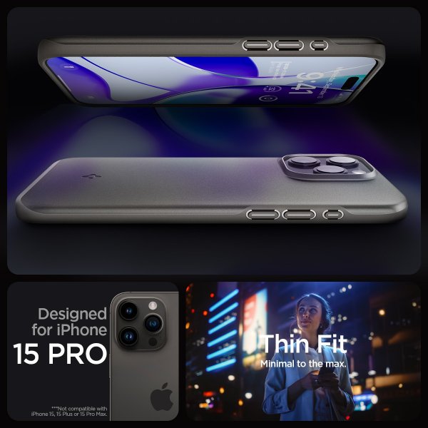 Spigen iPhone 15 Pro Thin Fit -suojakuori, Gunmetal