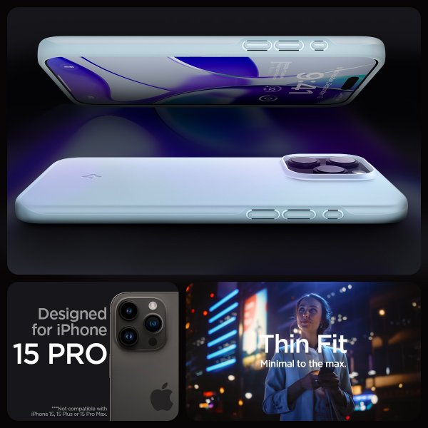 Spigen iPhone 15 Pro -suojakuori, Thin Fit, Mute Blue