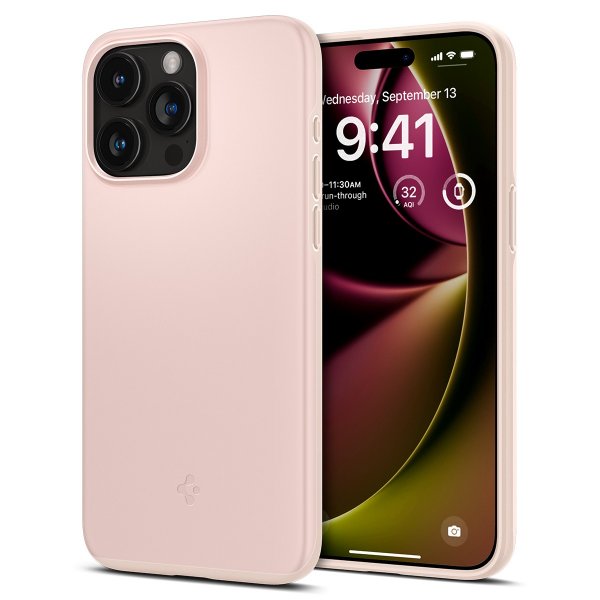 Spigen iPhone 15 Pro -suojakuori, Thin Fit, Pink Sand