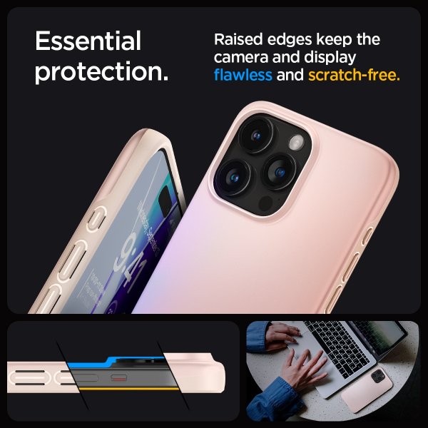 Spigen iPhone 15 Pro -suojakuori, Thin Fit, Pink Sand