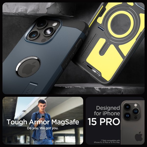 Spigen iPhone 15 Pro -suojakuori Tough Armor MagFit Metal Slate