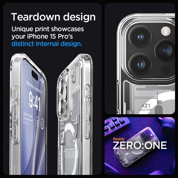 Spigen iPhone 15 Pro -suojakuori Ultra Hybrid Zero One MagFit, valkoinen
