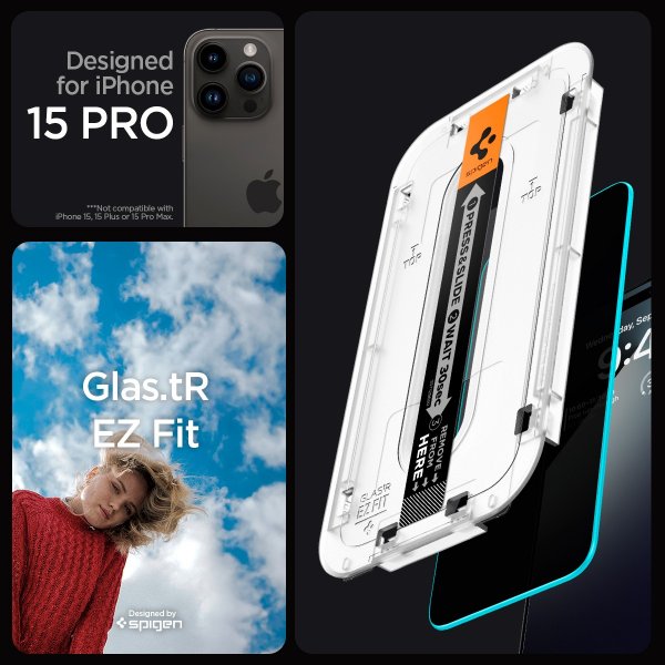 Spigen iPhone 15 Pro -näytönsuoja GLAS.tR EZ Fit Privacy 2 kpl