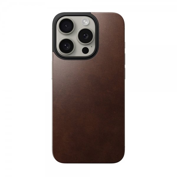 Nomad iPhone 15 Pro Skin Magnetic Leather Back Horween Rustic Brown