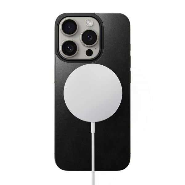 Nomad iPhone 15 Pro Skin Magnetic Leather Back Horween Musta