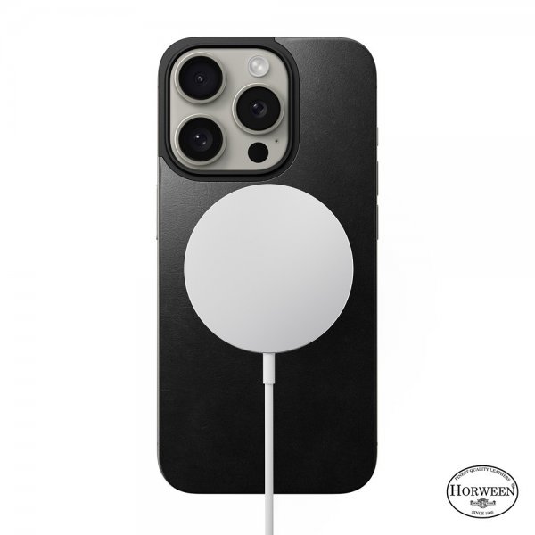 Nomad iPhone 15 Pro Skin Magnetic Leather Back Horween Musta