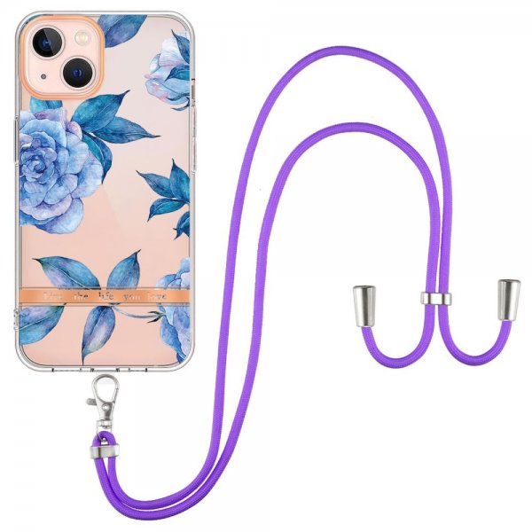 iPhone 15 Kuoret Kukka Pattern Strapilla Sininen Pioni