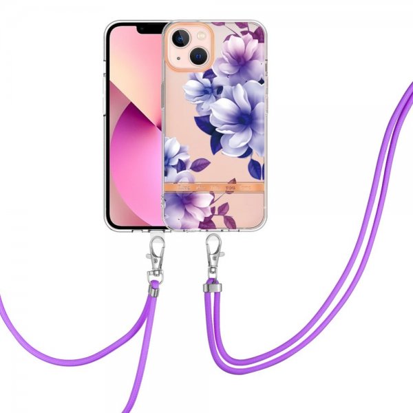 iPhone 15 Kuoret Kukka Kuviolla ja Hihnalla Liila Begonia