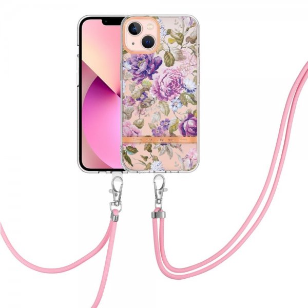 iPhone 15 Kuoret Kukka Kuvio Strapilla Violetti Pioni