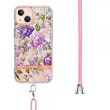 iPhone 15 Kuoret Kukka Kuvio Strapilla Violetti Pioni