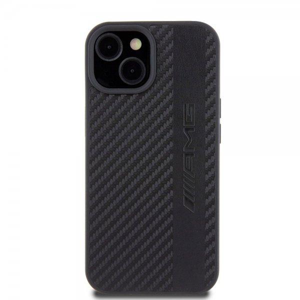 Mercedes Benz iPhone 15 Kuori Carbon Effect Leather Stripe AMG Musta