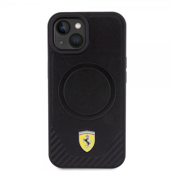Ferrari iPhone 15 Kuori Carbon PU Nahka MagSafe Musta