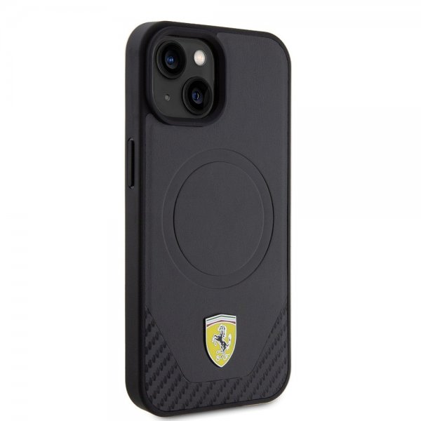 Ferrari iPhone 15 Kuori Carbon PU Nahka MagSafe Musta