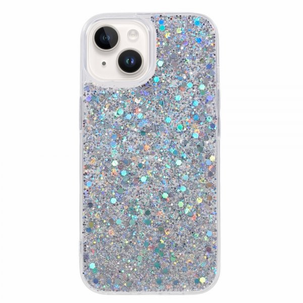 iPhone 15 -kuori, hopeiset glitterpaljetit