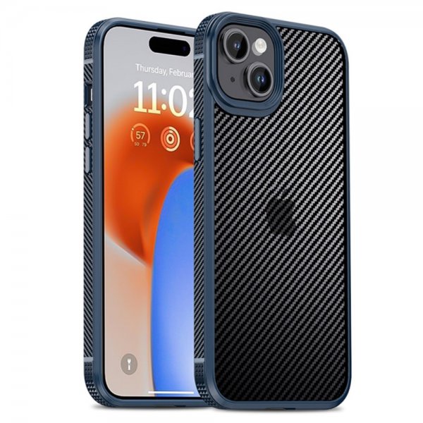 Ipaky iPhone 15 -kuori hiilikuitukuvioinnilla, sininen