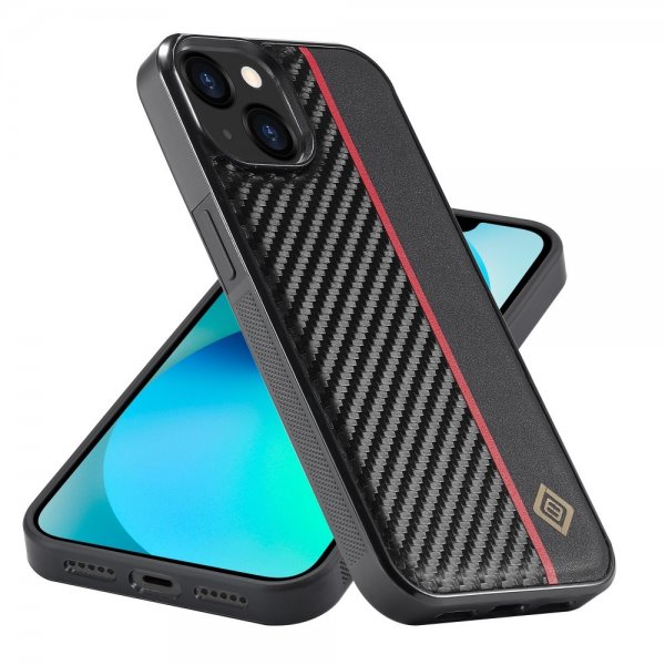 Lc.Imeeke iPhone 15 Kuoret Hiilikuitukuvio Punainen Raita Musta