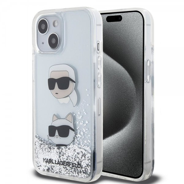 Karl Lagerfeld iPhone 15 -kuori Liquid Glitter Karl & Choupette Silver