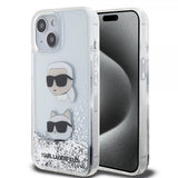 Karl Lagerfeld iPhone 15 -kuori Liquid Glitter Karl & Choupette Silver