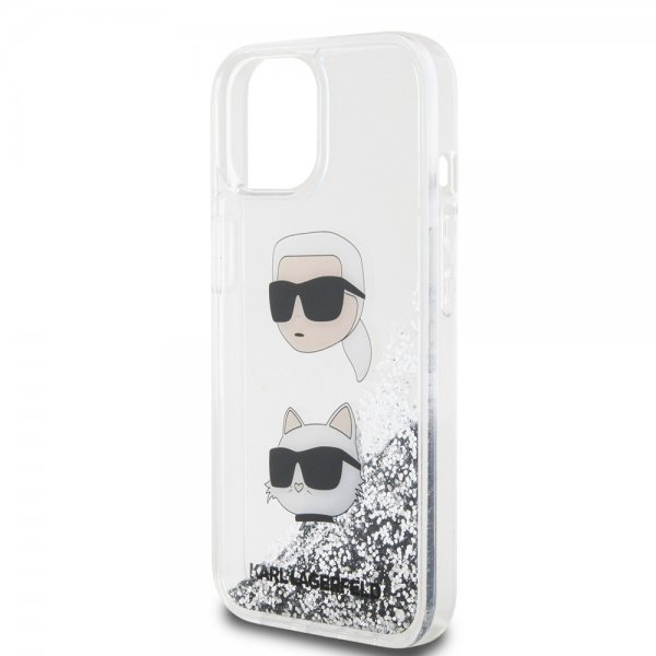 Karl Lagerfeld iPhone 15 -kuori Liquid Glitter Karl & Choupette Silver