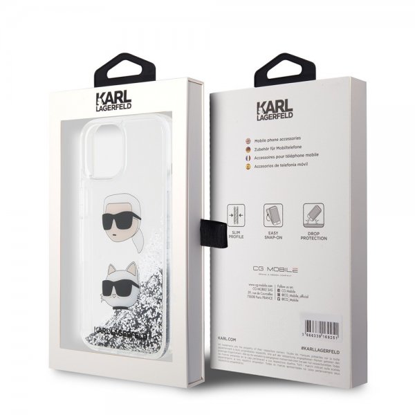 Karl Lagerfeld iPhone 15 -kuori Liquid Glitter Karl & Choupette Silver