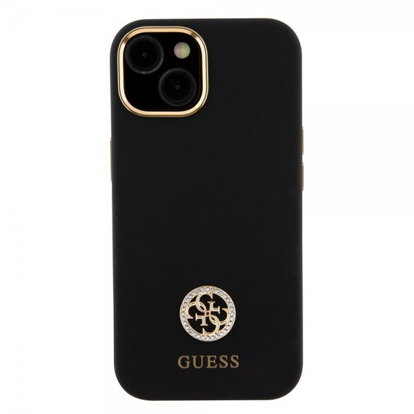 Guess iPhone 15 Kuoret Liquid Silicone Metal Logo Musta