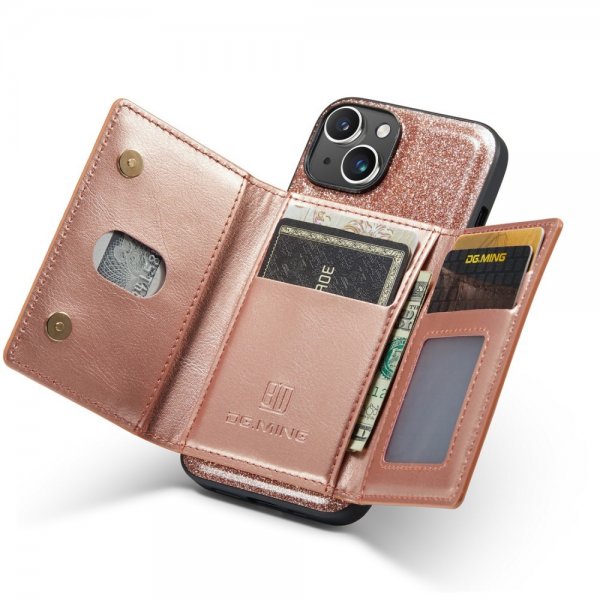 Dg.Ming iPhone 15 -kuoret, M3 Series, irrotettava korttikotelo, glitter ruusukulta