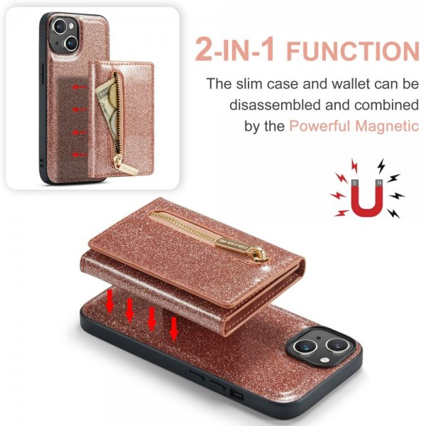 Dg.Ming iPhone 15 -kuoret, M3 Series, irrotettava korttikotelo, glitter ruusukulta
