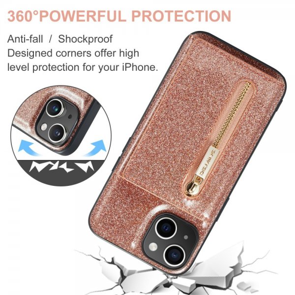 Dg.Ming iPhone 15 -kuoret, M3 Series, irrotettava korttikotelo, glitter ruusukulta