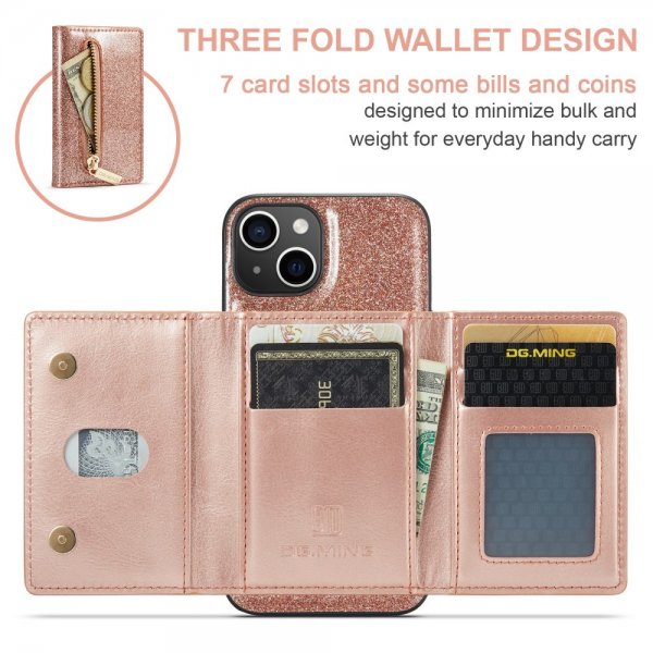 Dg.Ming iPhone 15 -kuoret, M3 Series, irrotettava korttikotelo, glitter ruusukulta