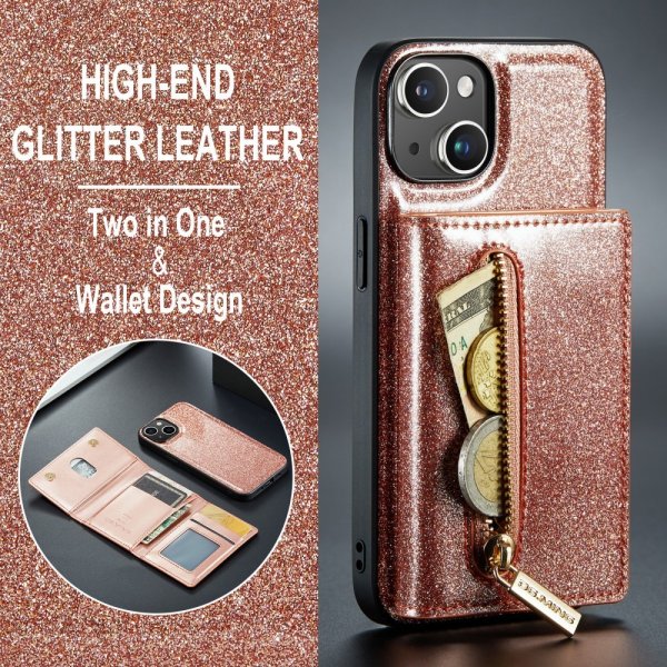 Dg.Ming iPhone 15 -kuoret, M3 Series, irrotettava korttikotelo, glitter ruusukulta