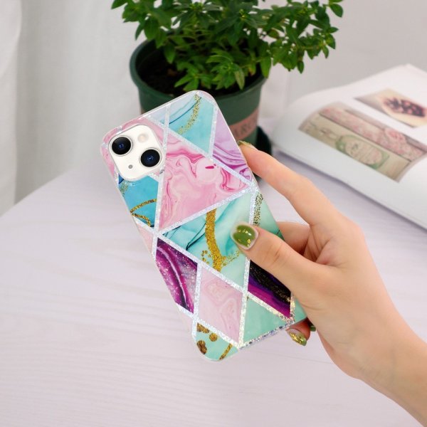 iPhone 15 Kuori Marmorikuvio Vihreä Violetti
