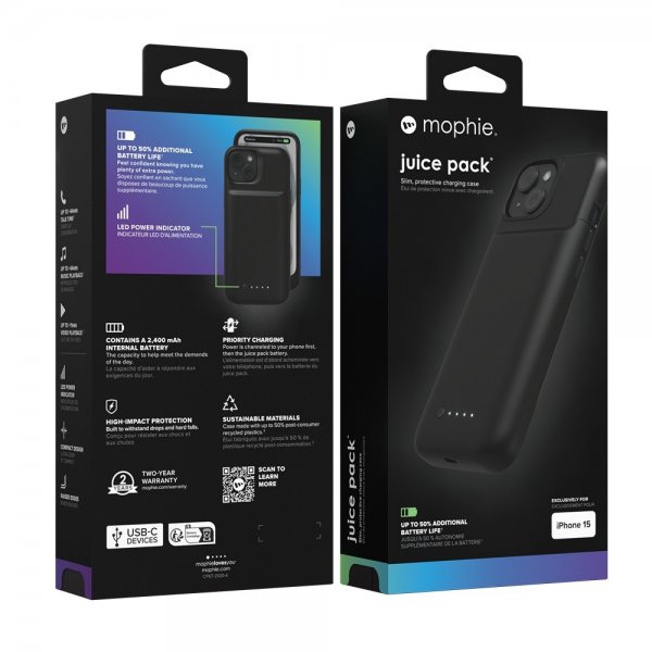 Mophie iPhone 15 -kuori integroidulla Juice Pack -varavirtalähteellä, musta