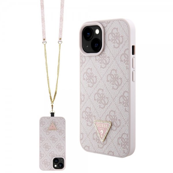 Guess iPhone 15 Kuoret Metalli Logo Strassit Olkahihna Vaaleanpunainen