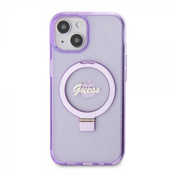 Guess iPhone 15 Kuoret Ring Stand Glitter MagSafe Violetti