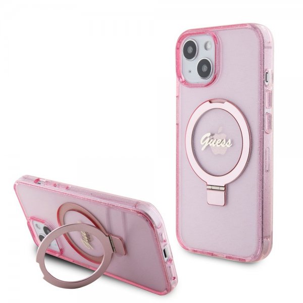 Guess iPhone 15 -kuori, jalusta, glitter, MagSafe, pinkki